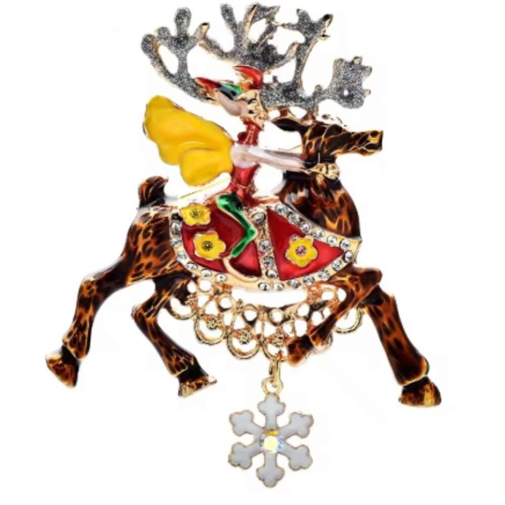 Christmas Reindeer Brooch Rhinestone & Enamel Snowflake Dangle Elf Rider